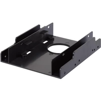Ein schwarzer, rechteckiger Festplattenhalter aus Metall mit einem runden Ausschnitt in der Mitte und seitlichen Befestigungslöchern.